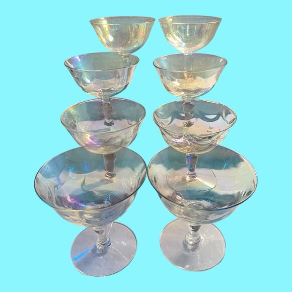 8 Fostoria Crystal Pearl Shell Iridescent Champagne Sherbert Glasses Loop Optics - Picture 5 of 16